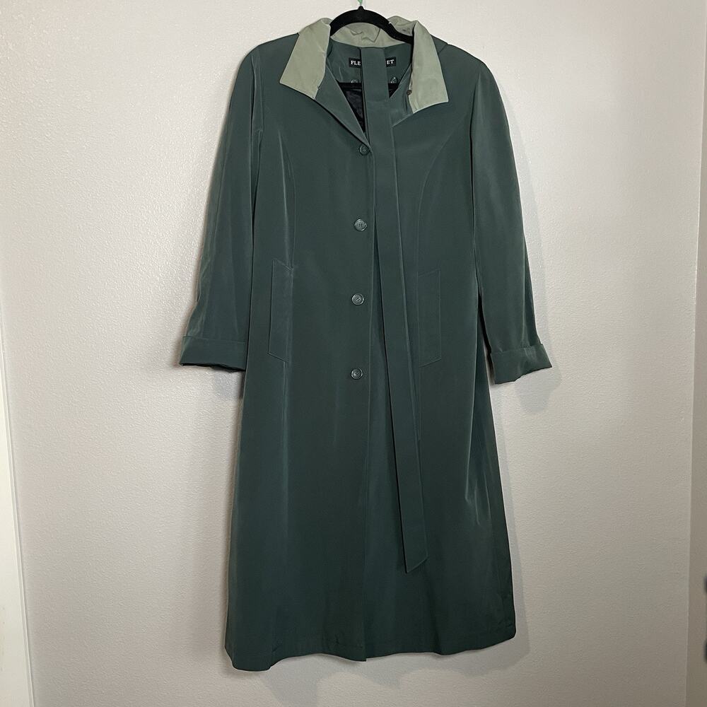 VTG Fleet Street Women Sz 8 P Trench Overcoat Button Lined Pockets Dark Green